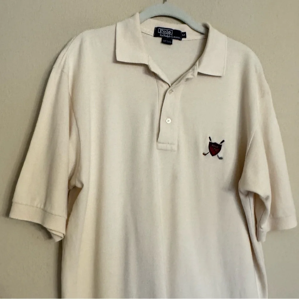 Vintage Polo Ralph Lauren Golf Shirt Sz Medium Ivory Logo Crest Preppy Academia